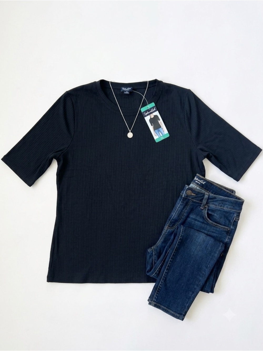 NWT Splendid Black Ribbed Elbow Sleeve Tee Shirt Womens XL Crewneck Top